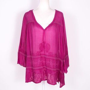 Calypso St Barth Embroidered Pink Bell Sleeve Lace Detail Blouse SZ M